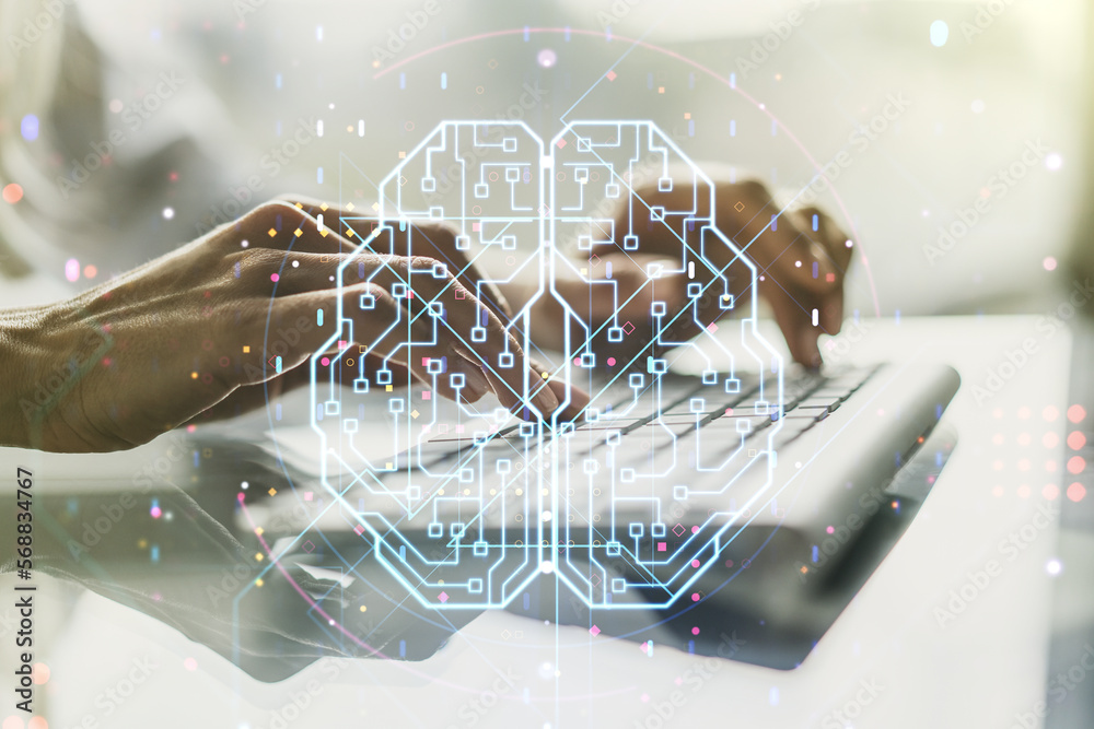 Aufkleber double exposure of creative artificial intelligence symbol with hands typing on laptop on background