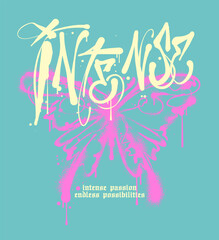 Illustrated Graffiti T Shirt Print Featuring a Butterfly and the word Intense