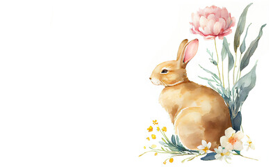 Watercolor painting of rabbit floral corner vignette on copy space banner as illustration of Easter bunny with peony flower generative AI art	