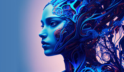Generative AI painting. Close up portrait of android robot. Viw of face of female cyborg with artificial intelligence parts. Blue colors with copy space.
