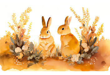 Watercolor painting of rabbits as illustration of two Easter bunnies hiding in field flowers generative AI art	
