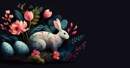 Illustration of rabbit as card with Easter bunny hiding pained eggs in flowers on black background with copy space generative AI art