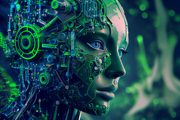 Fototapeta na wymiar Generative AI painting. Close up portrait of android robot. Side face view of female cyborg. Green color. Tech concept.