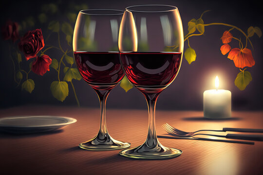 Couple glassess of red wine placed on wooden table with romantic environment decoration in restaurant background. Special meal for lovely Valentine day. Generative Ai image.	
