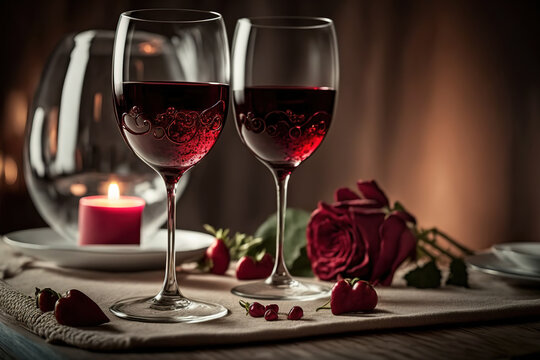 Couple glassess of red wine placed on wooden table with romantic environment decoration in restaurant background. Special meal for lovely Valentine day. Generative Ai image.	
