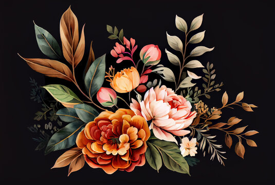 Vintage botanical illustration as painting of gentle orange and cream rose flowers, buds and leaves in bouquet on black dark background generative AI art