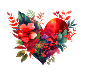 Romantic heart made of tropical flowers and leaves of hibiscus in artistic watercolor painting style generative AI art