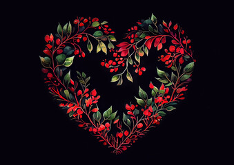 Romantic rustic heart vignette made of twigs with red berries and green leaves in retro style watercolor painting on black background generative AI art