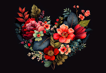 Romantic rustic heart vignette made of flowers and leaves of garden flowers and grasses in retro style watercolor painting on black background generative AI art