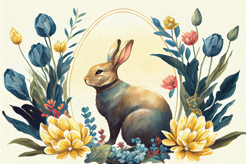Vintage painting Easter card design as illustration of Easter bunny in flowers vignette with copy space as rabbit generative AI art	
