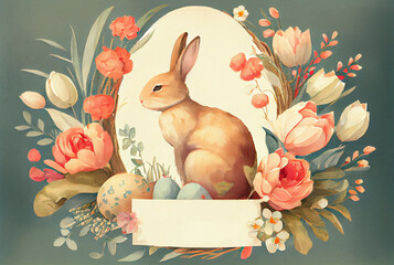 Painting of rabbit in floral vignette with painted eggs and copy space banner as illustration of Easter bunny vintage card generative AI art	