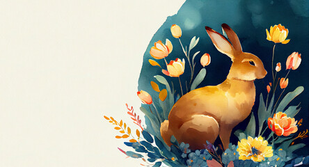Watercolor painting of rabbit banner with copy space as illustration of Easter bunny sitting in flowers generative AI art	
