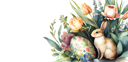 Watercolor painting of rabbit as illustration of Easter bunny with eggs and tulip flowers banner with copy space generative AI art
