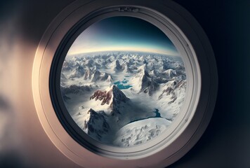 Panoramic view of snowy mountains an from an airplane window. Generative AI.