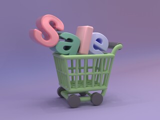 3D render. Word SALE with shopping cart. Sale. Online shopping. on a purple background