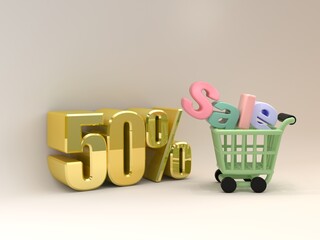 3d render Word SALE with shopping cart. Big 50 percent off in golden color. on a brown background