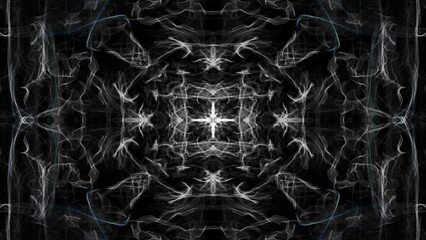 Monochrome background with a delicate smoke pattern, white symmetrical ornament on a black background