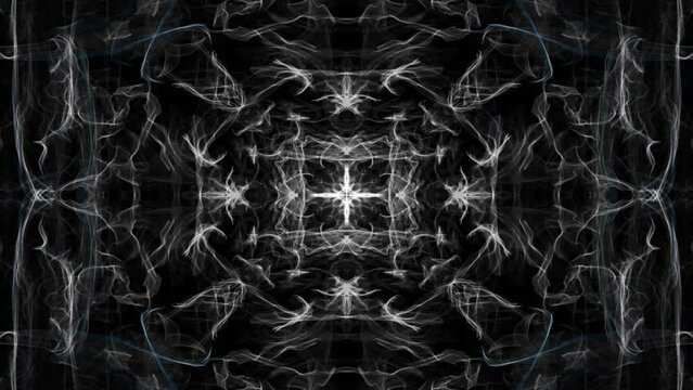 Monochrome background with a delicate smoke pattern, white symmetrical ornament on a black background