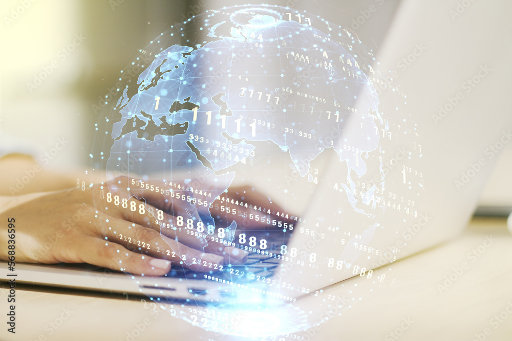 Poster multi exposure of abstract software development hologram with world map and hands typing on computer