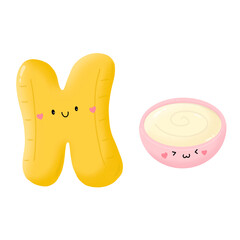 Cute deep fried dough stick and sweet condensed milk cartoon 