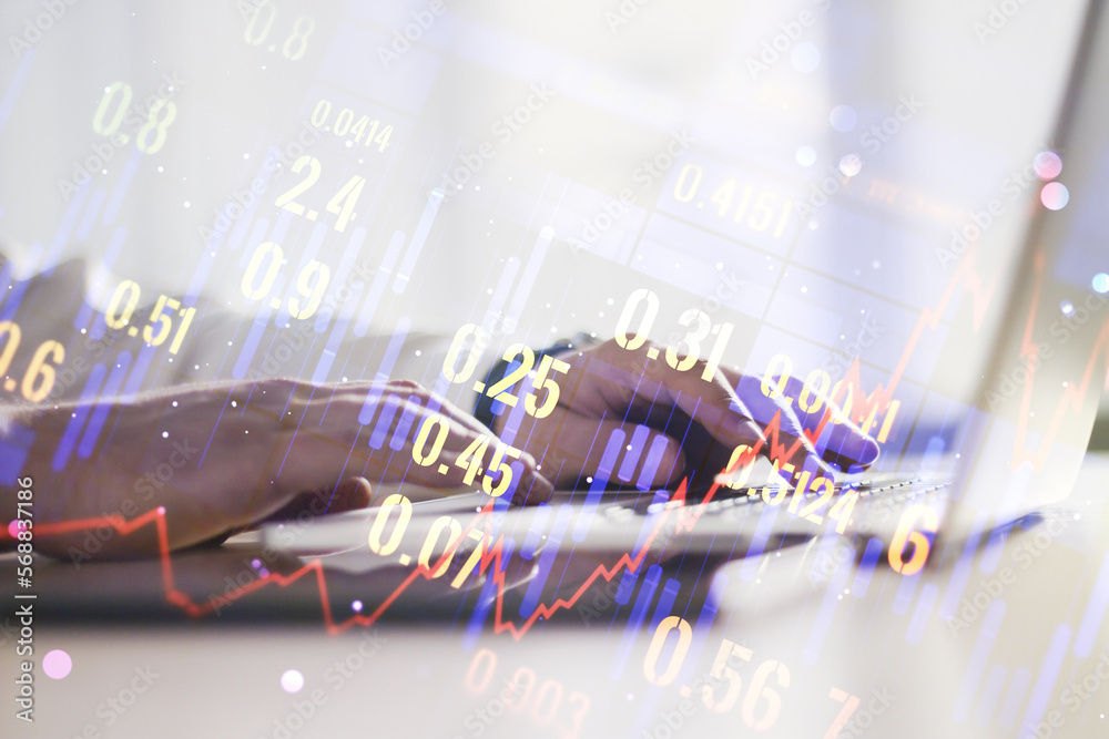Poster double exposure of abstract creative financial chart with hand typing on computer keyboard on backgr