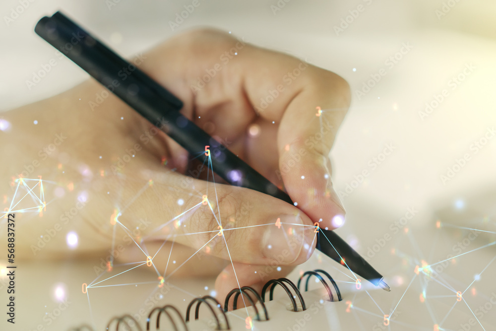 Poster Double exposure of technology hologram and man hand writing in notebook on background. Research and development software concept