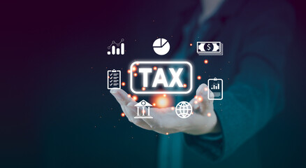 Concept Individual income tax return form payment. Government, state taxes. Data analysis, paperwork, financial research, report. Profit taxation and Vat calculate. Businessman show tax with icon.
