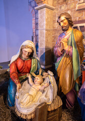 Feldkirch, Austria - January 21, 2022: Figurines of the Christmas nativity scene - Cristmas cribs in Feldkirch