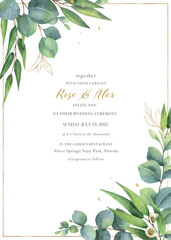 Naklejka na ściany i meble Watercolor vector hand painted wedding invitation card template. 