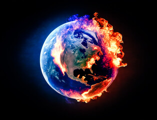 Planet earth on fire, globe sphere of earth burning up with fire and smoke, view from outer space.  Image created with generative ai. 