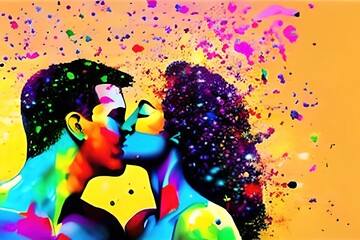 Stylized portrait of the silhouette of a beautiful kissing couple, with paint splashes. stains of colored paints, splashes. Generative AI