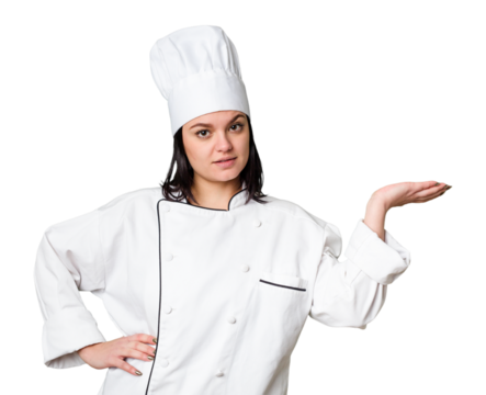 Young caucasian cook woman isolated showing a copy space on a palm and holding another hand on waist.