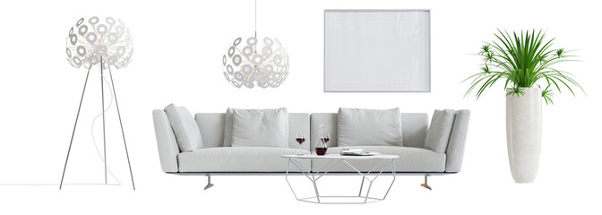 Various elements for use in modern interior design, isolated on transparent background. 3D render. 3D illustration.