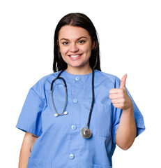 Young nurse woman isolated smiling and raising thumb up