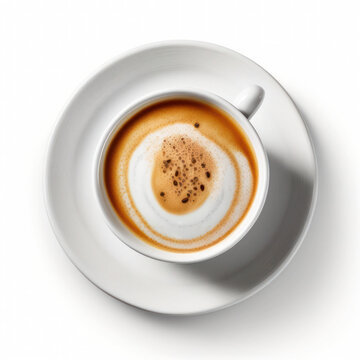 Picture of white cup and saucer with freshly brewed capuccino.. Isolated Beverage design  view from the top, perspective