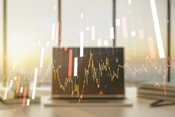 Abstract creative financial graph with world map on modern laptop background, forex and investment concept. Multiexposure