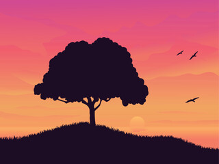 Sunset sky with tree Landscape vector illustration