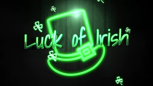 Luck Of Irish with big neon green hat and fly small shamrocks on wood, motion holidays, Saint Patrick Day and Irish national style background