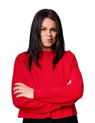 Young caucasian woman isolated frowning face in displeasure, keeps arms folded.