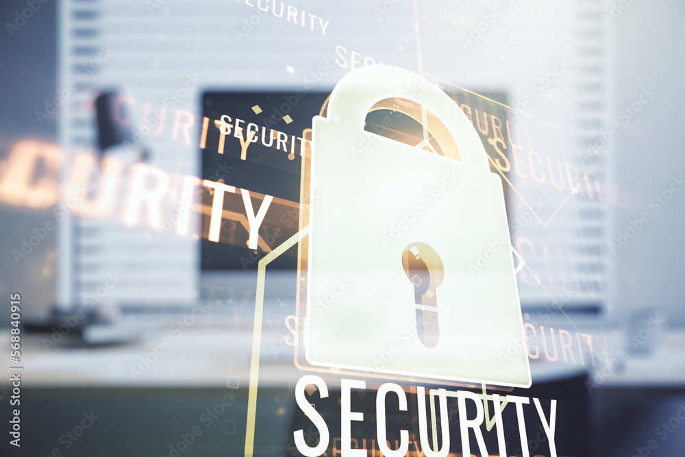 Poster creative light lock illustration with microcircuit on modern computer background, cyber security con