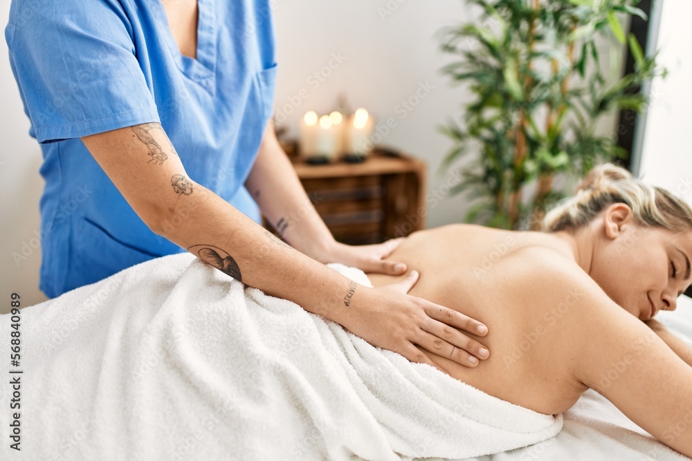 Sticker woman couple having back massage at beauty center