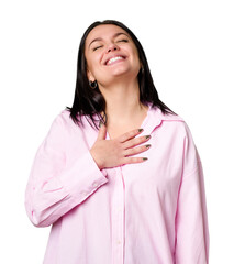 Young caucasian woman isolated laughs out loudly keeping hand on chest.