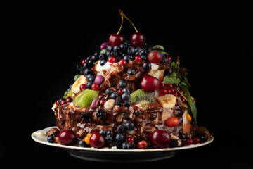 A beautiful cake decorated with various berries and fruits on a dark background.