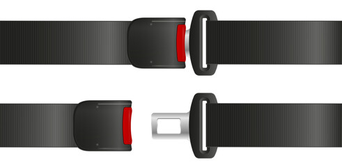 Safety seat belt, open and closed seatbelt. Art design road strap. Abstract concept car, airplane driver protection graphic element. Vector
