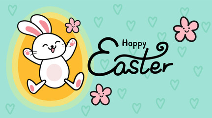 Obraz na płótnie Canvas Easter day card or banner, poster, Happy Easter day. happy easter card. - easter Bunny, cute rabbit, eggs, flowers elements, happy bunny, smile bunny. vector illustration
