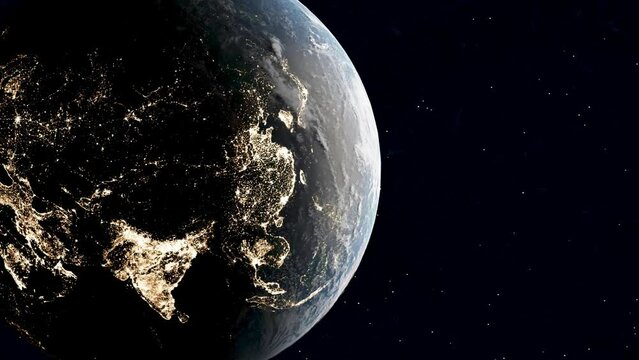 Satellite view over earth as cities in India and Europe are illuminated at night