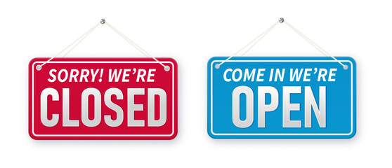 Information boards with Come in we're open and Sorry, We are closed. White signboard with a rope on background. Business concept for closed and open businesses, sites and services