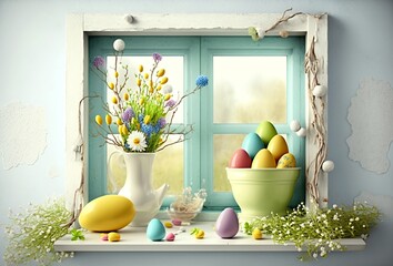 Interior home Easter decoration. Window with Easter decoration. Generative AI.