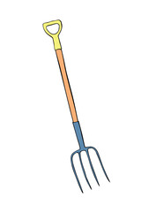 Pitchfork icon. Gardening equipment. Hand drawn colorful vector illustration in doodle flat style, isolated. Tool for working in garden, on farm, country site