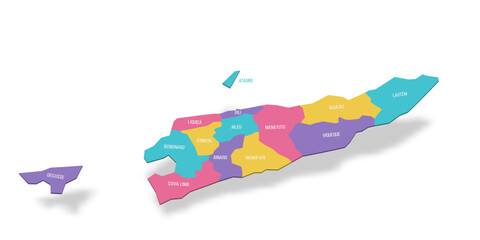 East Timor political map of administrative divisions - municipalities and Special Administrative Region Oecusse-Ambeno. 3D colorful vector map with name labels.